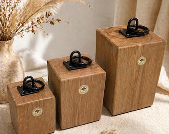 Solid Beech Wood Door Stop – Handmade Rustic Iron Ring Handle, Farmhouse Decor