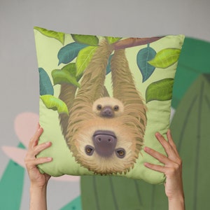 Sloth pillow, nursery pillow, animal pillow, wildlife cushion, nursery decor, kids room decor, jungle nursery, jungle kids room, sloth kids image 1