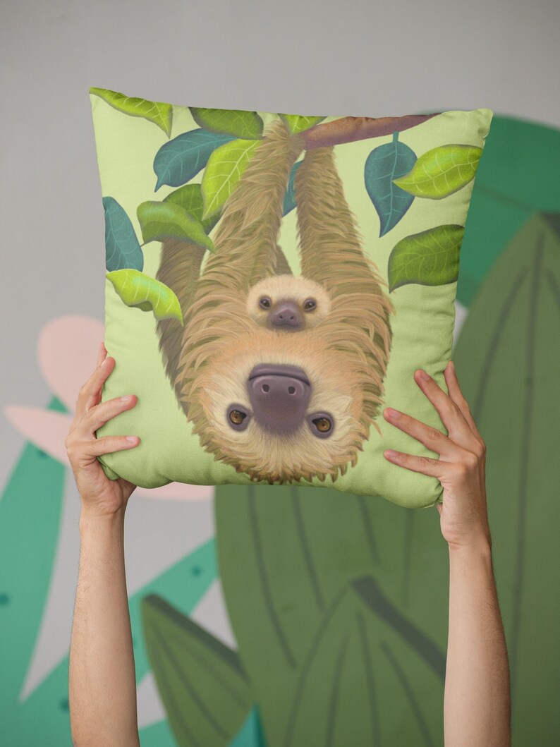 Sloth pillow, nursery pillow, animal pillow, wildlife cushion, nursery decor, kids room decor, jungle nursery, jungle kids room, sloth kids image 1