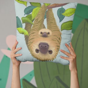 Sloth pillow, nursery pillow, animal pillow, wildlife cushion, nursery decor, kids room decor, jungle nursery, jungle kids room, sloth kids image 2