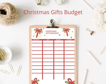 Puede incluir: Un rastreador de presupuesto de regalos de Navidad imprimible con fondo blanco y bordes rojos. La parte superior de la página tiene un título que dice "Presupuesto de regalos de Navidad" y presenta una ilustración festiva de regalos envueltos con lazos rojos y lunares verdes.