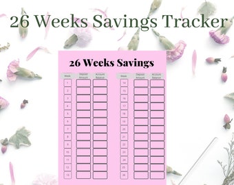 May include: A pink and white printable 26 week savings tracker with a grid of boxes for recording weekly deposit amounts and account balances.