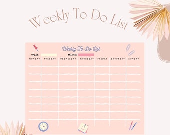 May include: A pink weekly to-do list with a white grid and headings for each day of the week. The headings include Monday, Tuesday, Wednesday, Thursday, Friday, Saturday, and Sunday. The list also includes the words "Week:" and "Month:" at the top.