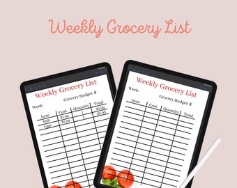 Puede incluir: Dos pantallas de tabletas digitales que muestran una plantilla de lista de la compra semanal. La plantilla tiene columnas para el artículo, el coste, la cantidad y el total. Las tabletas están sobre un fondo rosa claro con tomates rojos y hojas verdes.