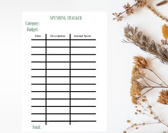 Puede incluir: Un rastreador de gastos imprimible con secciones para la fecha, la descripción y la cantidad gastada. El rastreador tiene el título "SPENDING TRACKER" e incluye las palabras "Category" y "Budget".
