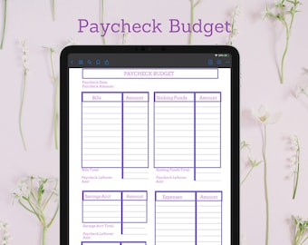 Op de afbeelding: Een digitale printbare budgettracker voor het beheren van financiën. De tracker is onderverdeeld in secties voor rekeningen, spaarfondsen, besparingen, uitgaven en schulden. Elke sectie heeft kolommen voor de naam van het item en het bedrag. De tracker is ontworpen om gebruikers te helpen hun inkomsten en uitgaven bij te houden en een budget te maken.