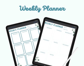 Puede incluir: Dos plantillas de planificador semanal digital mostradas en pantallas de tabletas. Las plantillas presentan un diseño simple y limpio con fondo blanco y texto azul. Cada plantilla está dividida en siete días de la semana, con espacio para notas.
