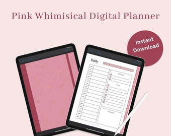 Puede incluir: Planificador digital rosa con un patrón geométrico en la portada. El planificador está abierto en una página diaria con una lista de tareas, una lista de prioridades y una sección de gratitud. El texto "Daily" está en la parte superior de la página. El texto "Dear Financial Freedom" está en la parte inferior de la página. El texto "Descarga instantánea" está en un círculo rojo.