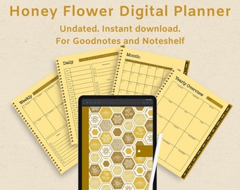 Puede incluir: Un planificador digital con un diseño de flor de miel. El planificador incluye vistas diarias, semanales, mensuales y anuales. El texto "Sin fecha. Descarga instantánea. Para Goodnotes y Noteshelf" se muestra en la imagen. El texto "Dear Financial Freedom" se muestra en la parte inferior de la imagen.