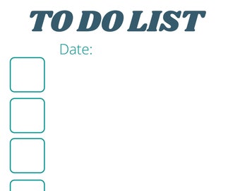 Puede incluir: Una lista de tareas blancas con el texto "TO DO LIST" en azul oscuro en la parte superior. La palabra "Fecha:" está escrita en verde azulado debajo del título. Hay 9 casillas de verificación de color verde azulado en el lado izquierdo de la página.