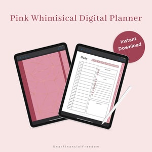 May include: Pink digital planner with a geometric pattern on the cover. The planner is open to a daily page with a to-do list, priority list, and gratitude section. The text "Daily" is at the top of the page. The text "Dear Financial Freedom" is at the bottom of the page. The text "Instant Download" is in a red circle.