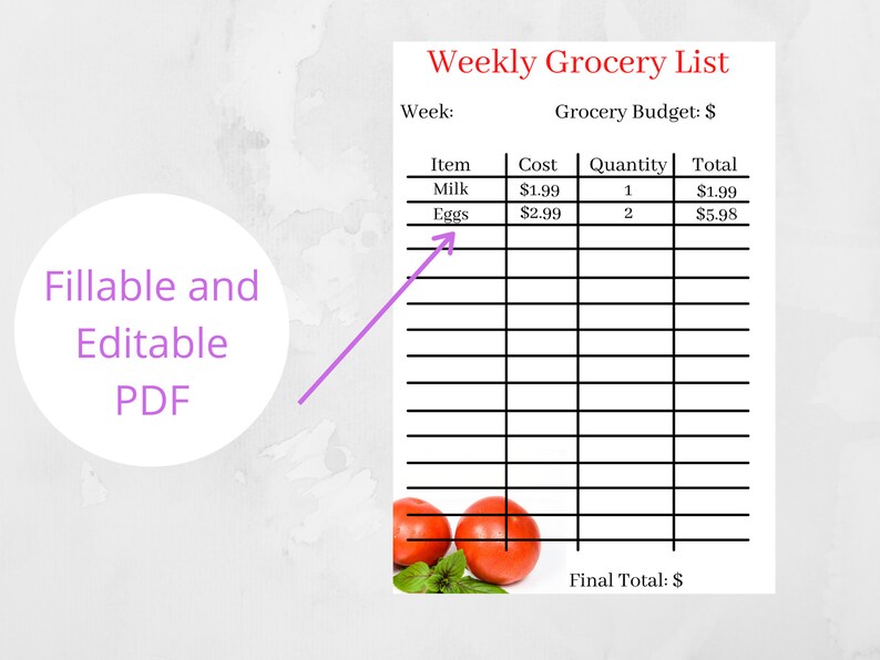 Weekly Grocery List Printable Grocery List on a Budget Etsy