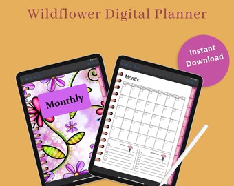 Puede incluir: Un planificador digital con un diseño floral en la portada. El planificador incluye una página de calendario mensual y una sección de notas. El texto "Monthly" es visible en la portada. El texto "Instant Download" es visible en un círculo rosa.