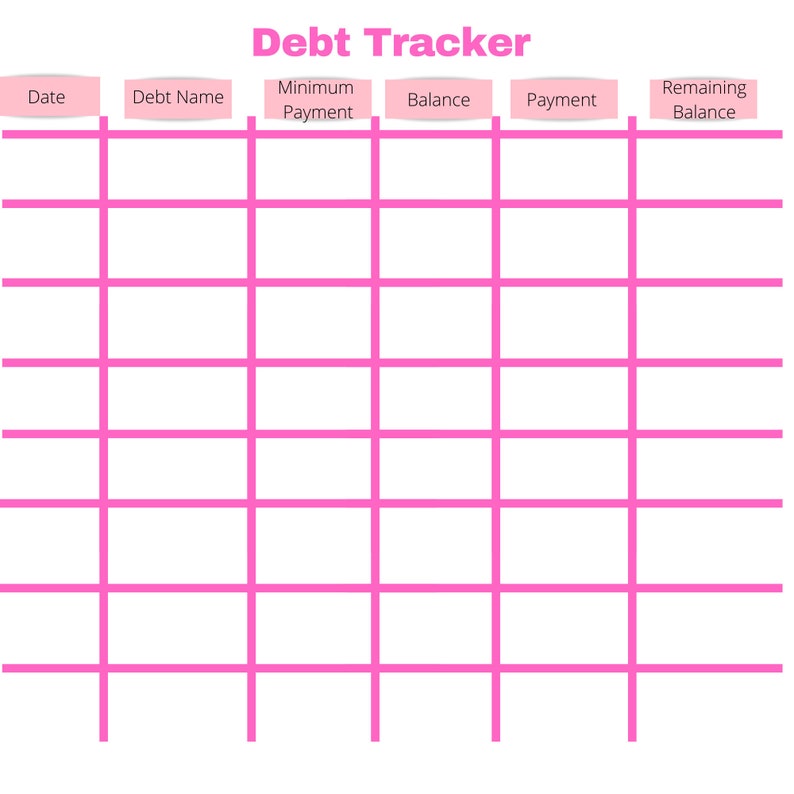 May include: A pink and white printable debt tracker with columns for date, debt name, minimum payment, balance, payment, and remaining balance.