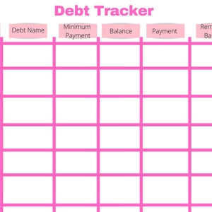 May include: A pink and white printable debt tracker with columns for date, debt name, minimum payment, balance, payment, and remaining balance.