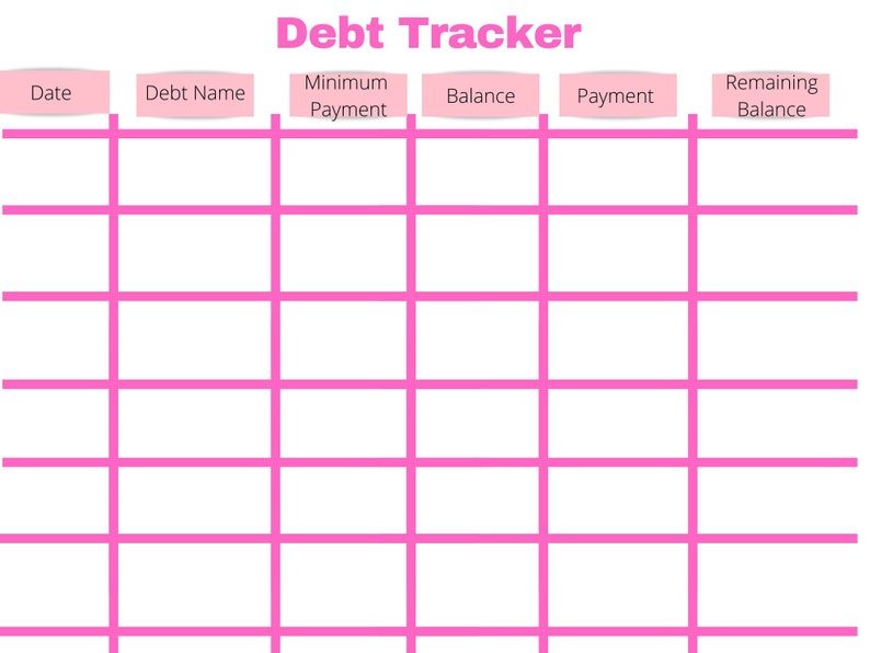 May include: A pink and white printable debt tracker with columns for date, debt name, minimum payment, balance, payment, and remaining balance.