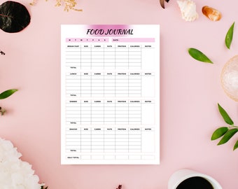 Puede incluir: Un diario de alimentos imprimible con un título degradado rosa "FOOD JOURNAL" y columnas para la fecha, el desayuno, el almuerzo, la cena, los refrigerios, el tamaño, los carbohidratos, las grasas, las proteínas, las calorías y las notas.