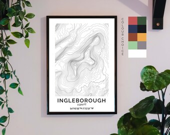 Ingleborough Topographical Map Print, UK Landscape Art, Mountain Wall Art, Nature Decor, Gift for Adventurers