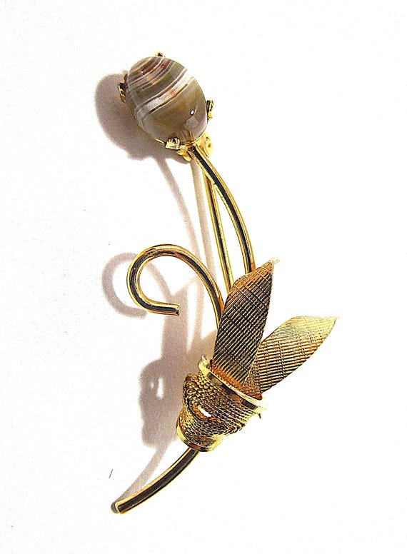 Vintage Gold Tone Glass Pin Flower in Scroll Planter Brooch