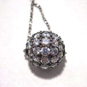 Vintage Sterling Silver Clear Rhinestone Round Disco Ball Pendant and Necklace