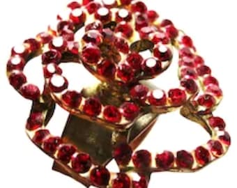 Vintage Gold Tone Red Rhinestones Floral Design Adjustable Ring
