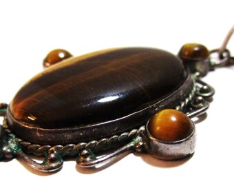 Vintage Sterling Silver Ornate Dark Brown Tigers Eye Oval Pendant