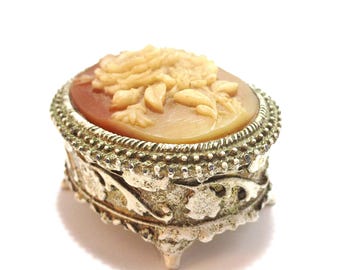 Vintage Embossed White Gold Tone Florenza Flower Cameo Footed Trinket Box