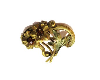 Antique Art Nouveau Gold Tone Brown Garnet Carved Floral Brooch
