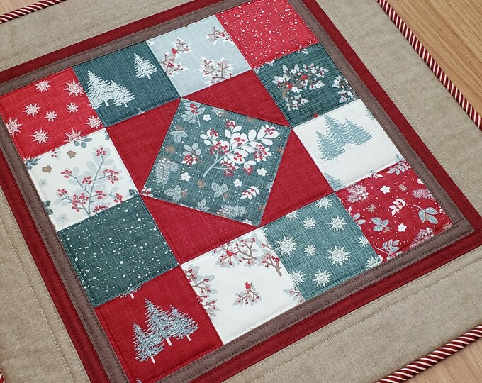 Quilted Table Topper, 19 Square Christmas Table Topper, Quilted