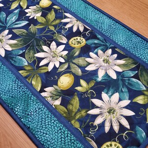Quilted Passion Flowers and Fruit Blue Table Runner, 42" x 15"
