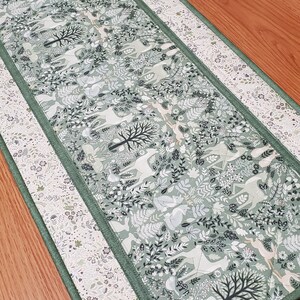 Quilted Forest Animals Table Runner, 42" x 14.5" Green Folk Style Table Runner, Spring Table Runner, Handmade Table Quilt