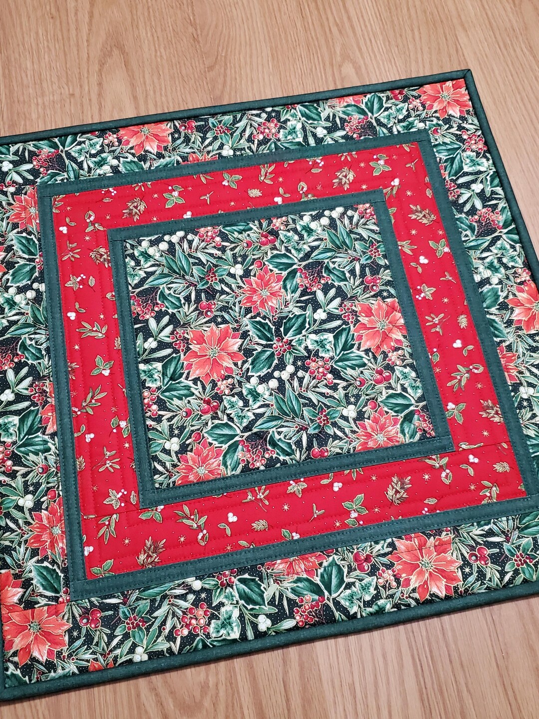 Quilted Poinsettia Table Topper, 19" Christmas Wall Hanging, Red and