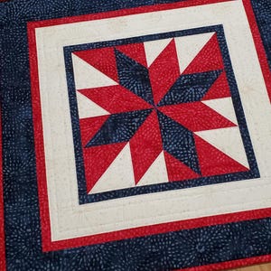 Patriotic Le Moyne Star Quilted Table Topper; 19.5&quot; Summer Wall Hanging; Red, White and Blue Quilted Mat, Handmade Patchwork Table Mat