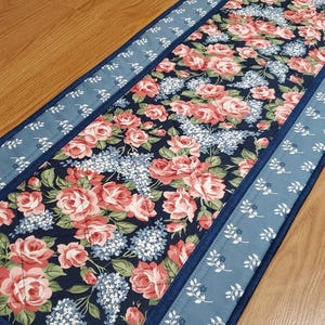 Quilted Roses and Lilacs Table Runner, 42&quot; x 15&quot; Floral Table Runner, Summer Table Runner, Handmade Blue Floral Table Quilt