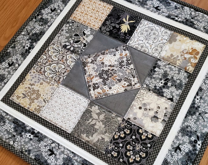 Quilted Table Topper, 18.5 Square Floral Table Topper, Modern Table