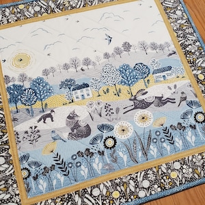 Quilted Countryside Table Topper, 21.5&quot; Folk Art Scenic Wall Hanging, Modern Table Topper, Handmade Blue and Gray Table Quilt