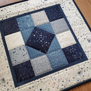 Cosmic-Themed Quilted Table Topper, 20&quot; Modern Blue Wall Hanging, Constellations Table Topper, Handmade Quilted Table Mat