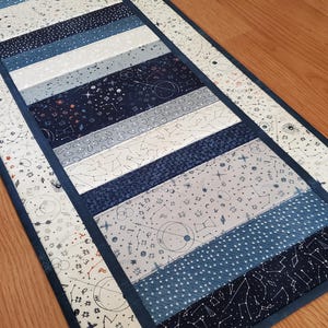Cosmic-Themed Quilted Table Runner, 42.5&quot; x 15&quot; Modern Blue Table Runner, Constellations Table Runner, Handmade Table Quilt