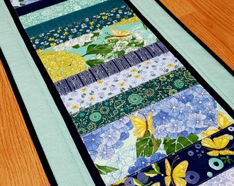 Quilted Floral Butterfly Table Runner, 42.5" x 15" Blue and Green Table Runner, Botanical Quilted Table Runner, Handmade Summer Table Quilt