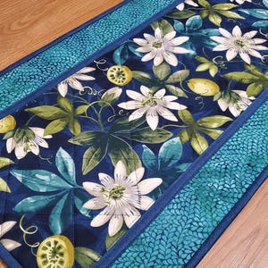 Quilted Passion Flowers Table Runner, 42&quot; x 15&quot; Floral Table Runner, Summer Table Runner, Blue Quilted Table Runner, Handmade Table Quilt