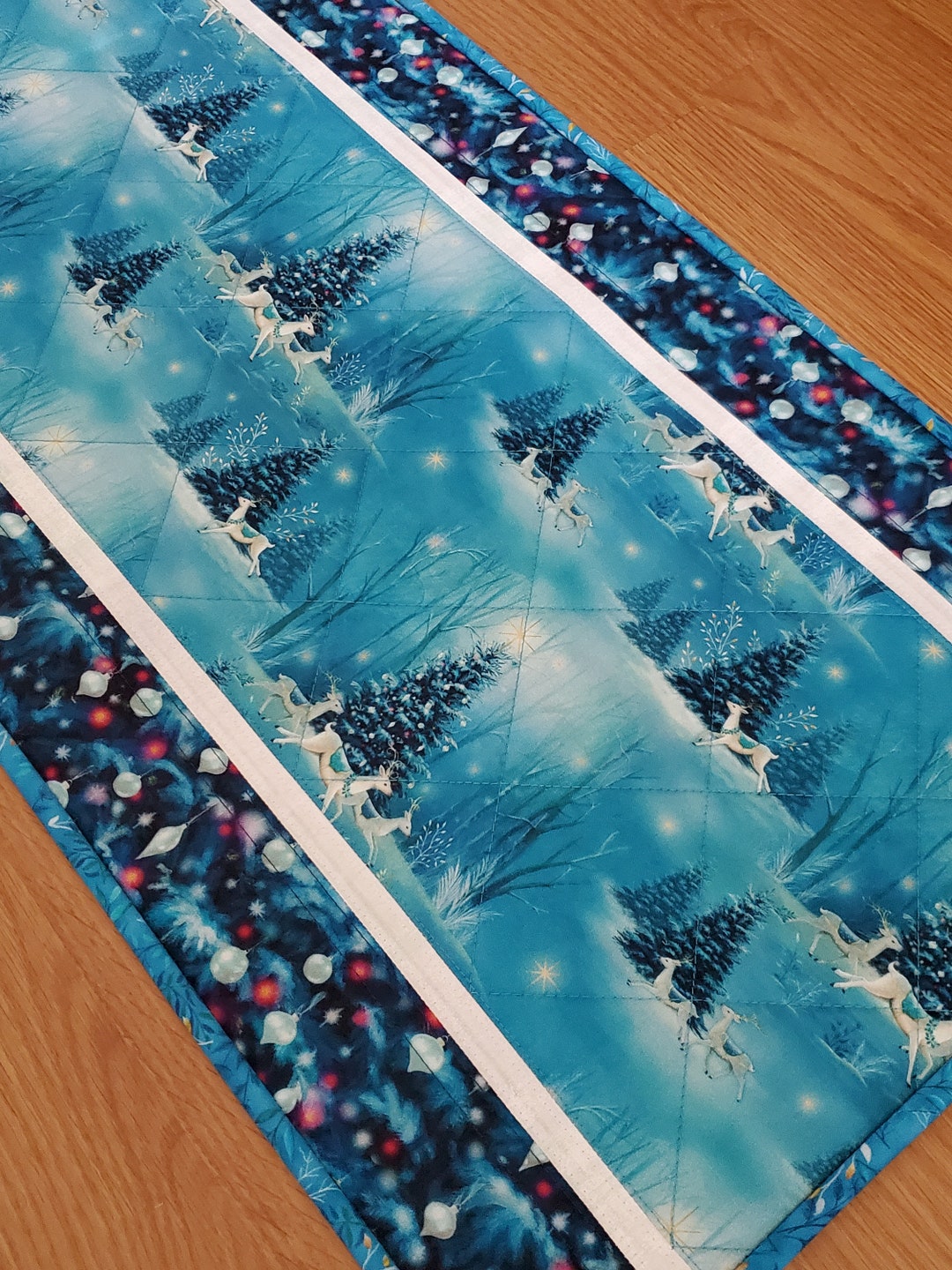 Christmas Quilted Table Runner, 42 X 15 Reindeer Christmas Table Runner