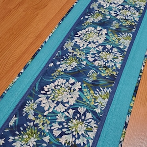 Quilted Blue Agapanthus Table Runner, 43&quot; x 15&quot; Floral Table Runner, Summer Table Runner, Modern Table Runner, Handmade Table Quilt