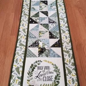 Quilted Inspirational Floral Table Runner, 42.5&quot; x 15&quot; Green Patchwork Table Runner, Handmade Summer Table Runner, Floral Table Quilt