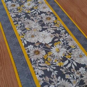 Quilted Gray and Yellow Floral Table Runner, 42&quot; x 15&quot; Spring Table Runner, Summer Table Runner, Handmade Floral Table Quilt