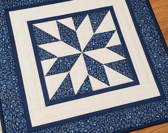 Quilted Le Moyne Star Blue Table Topper or Wall Hanging 19.5"