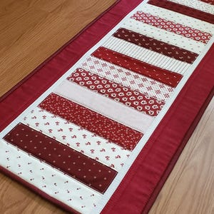 Quilted Traditional Patchwork Table Runner in Red and Cream, 42.5" x 15"