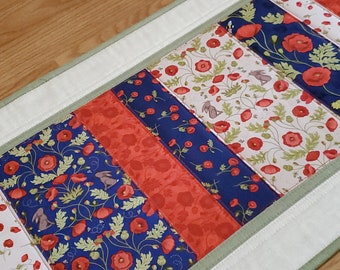 Poppies Quilted Table Runner, 40.5" x 15" Floral Table Runner, Spring Table Runner, Blue and Red Table Runner, Handmade Table Quilt