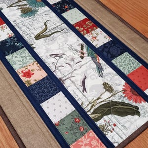 Quilted Vintage Style Table Runner, 42&quot; x 15&quot; Floral Table Runner, Botanical Table Runner, Modern Quilted Patchwork Table Runner