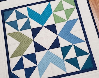 Quilted Wyoming Valley Star Blue Green Table Topper or Wall Hanging 20.5"