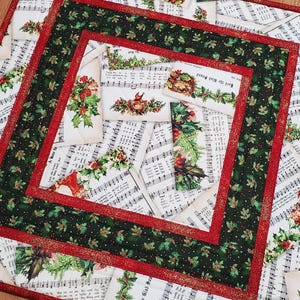 Quilted Christmas Music Table Topper, 19&quot; Holiday Table Topper, Vintage Style Table Topper, Handmade Christmas Table Mat